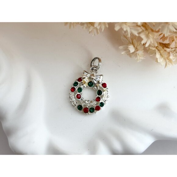 Christmas Wreath Green & Red Rhinestone 925 Sterling Silver Vintage Pendant - Picture 10 of 10